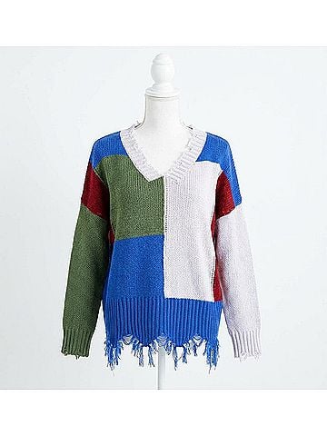 Umgee Color Block Frayed Hem Sweater in Olive/Lavender (view 1)