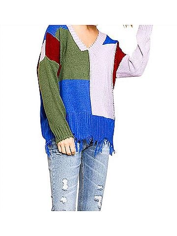 Umgee Color Block Frayed Hem Sweater in Olive/Lavender (view 2)