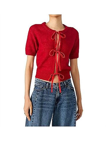 Steve Madden Sereia Tie Front Cardigan in Dark Red (view 2)