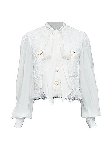 Balmain BALMAIN 2024 cream tweed silk sleeves gold lion buttons feather jacket FR36 S (view 1)