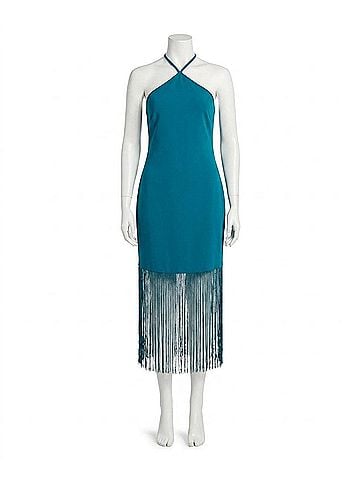 Nicole Miller Sylvie Stretch Crepe Fringed Sheath Dress in Crystal Teal (view 1)