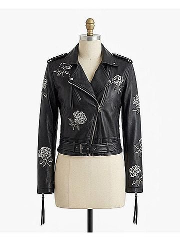Nicole Miller Embellished Rose Moto Jacket in Black Embellished Rose (view 1)