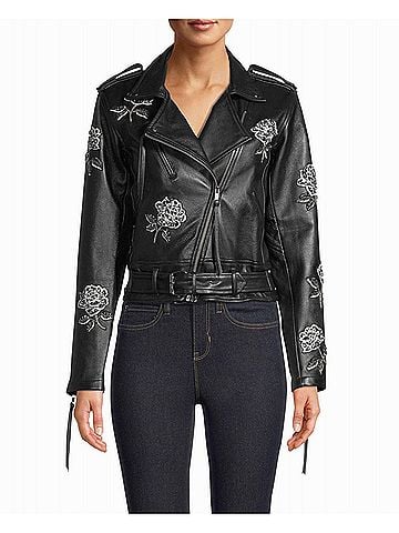 Nicole Miller Embellished Rose Moto Jacket in Black Embellished Rose (view 2)