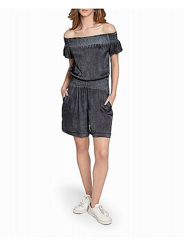 Nicole Miller Garment Dyed Off The Shoulder Romper in Black (view 2)