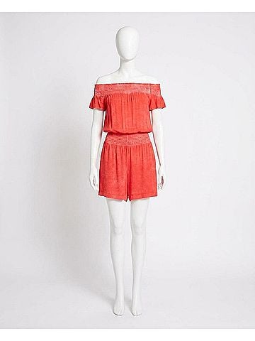 Nicole Miller Garment Dyed Off The Shoulder Romper in Poppy (view 1)