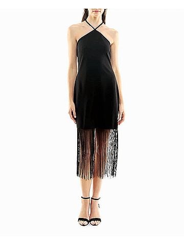 Nicole Miller Sylvie Stretch Crepe Fringed Sheath Dress in Very Black (view 2)