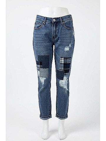 Umgee Distressed Patchwork Boyfriend Jean in Dark Denim (view 1)