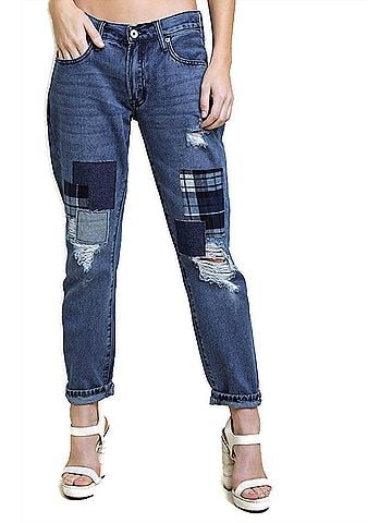 Umgee Distressed Patchwork Boyfriend Jean in Dark Denim (view 2)