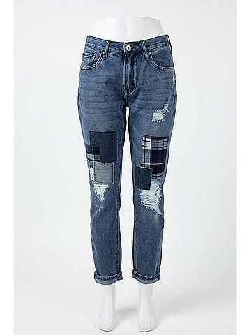 Umgee Distressed Patchwork Boyfriend Jean in Dark Denim (view 1)