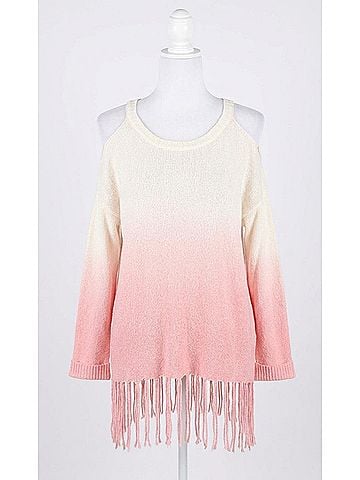 Umgee Ombre Cold Shoulder Fringe Sweater - Plus in Rose (view 1)