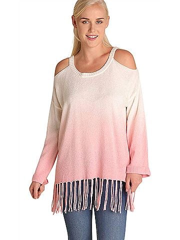 Umgee Ombre Cold Shoulder Fringe Sweater - Plus in Rose (view 2)
