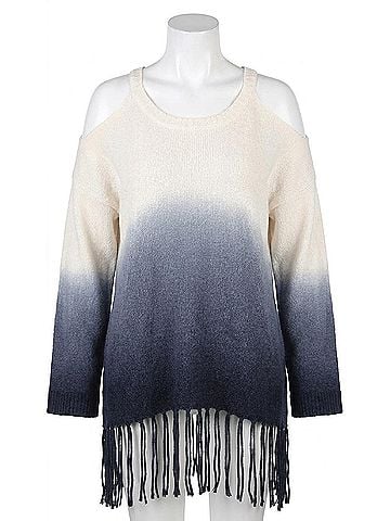 Umgee Ombre Cold Shoulder Fringe Sweater in Navy (view 1)