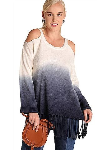 Umgee Ombre Cold Shoulder Fringe Sweater in Navy (view 2)
