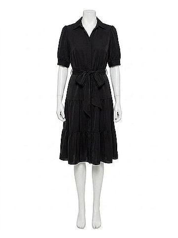 Nicole Miller Katy Silk Midi Shirt Dress in Very Black (view 1)