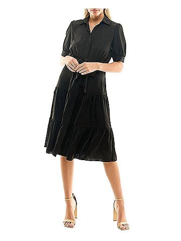 Nicole Miller Katy Silk Midi Shirt Dress in Very Black (view 2)
