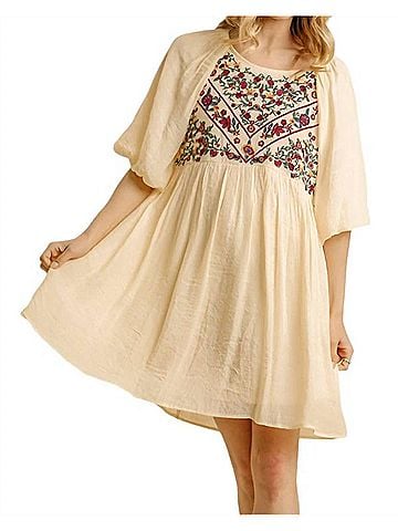 Umgee Floral Embroidered Balloon Sleeve Dress in Natural (view 2)