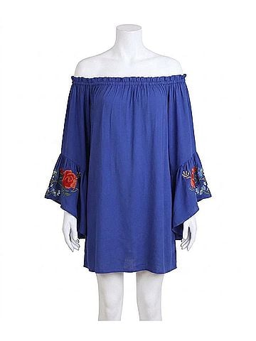 Umgee Floral Embroidered Bell Sleeve Mini Dress in Royal Blue (view 1)