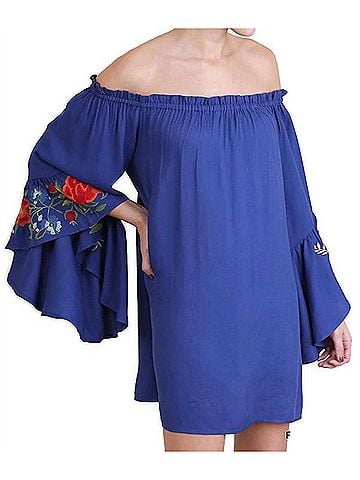 Umgee Floral Embroidered Bell Sleeve Mini Dress in Royal Blue (view 2)