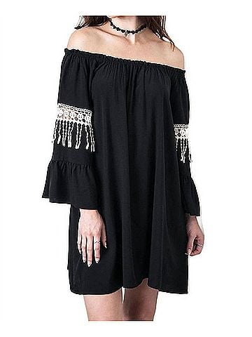 Umgee Bell Sleeve Boho Chic Dress in Black (view 2)