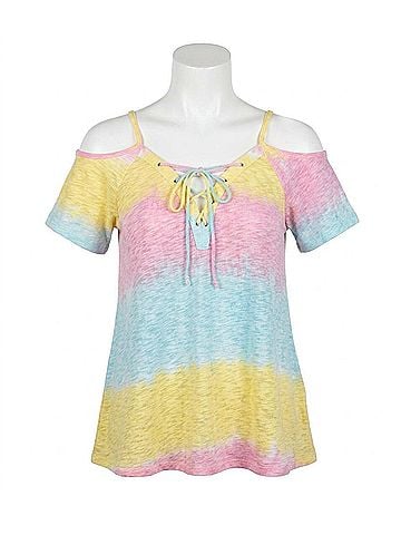 Umgee Lace Up Cold Shoulder Color Block Top in Lemon Mix (view 1)