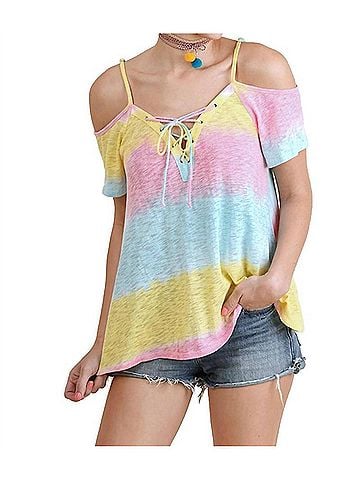Umgee Lace Up Cold Shoulder Color Block Top in Lemon Mix (view 2)