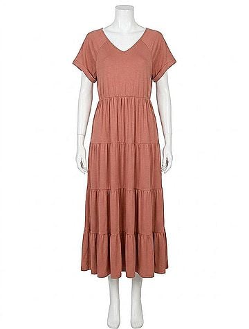 Umgee Tiered V-Neck Maxi Dress in Clay (view 1)