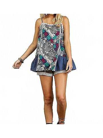 Umgee Floral Spaghetti Strap Lace Tank Top in Blue (view 2)
