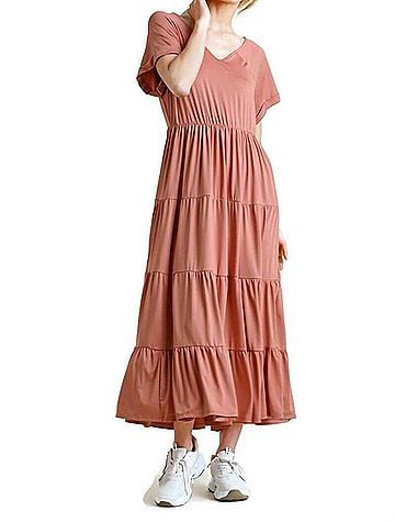 Umgee Tiered V-Neck Maxi Dress in Clay (view 2)