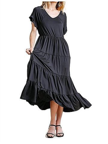 Umgee Tiered V-Neck Maxi Dress in Black (view 2)