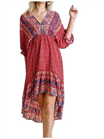 Umgee Mixed Print Bohemian Midi Dress in Red Mix (view 2)