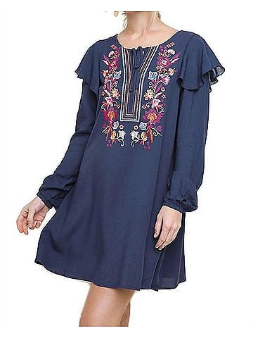 Umgee Floral Embroidered Puff Sleeve Dress in Navy (view 2)