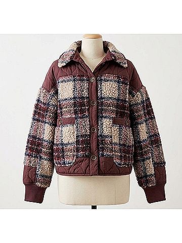 Free People Sana Quilted Bomber Jacket in Burgundy Plaid (view 1)