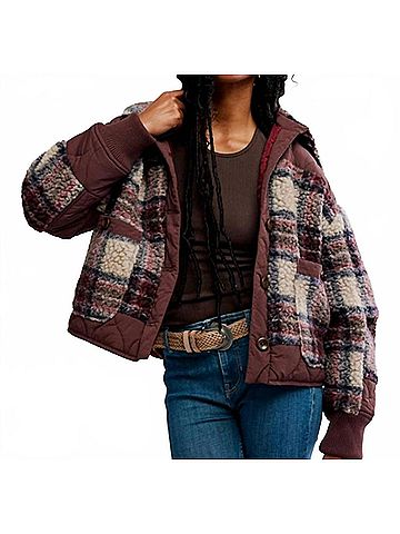Free People Sana Quilted Bomber Jacket in Burgundy Plaid (view 2)