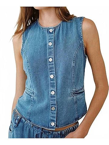 Bella Dahl High Neck Fitted Vest in Medium Vintage Wash (view 2)