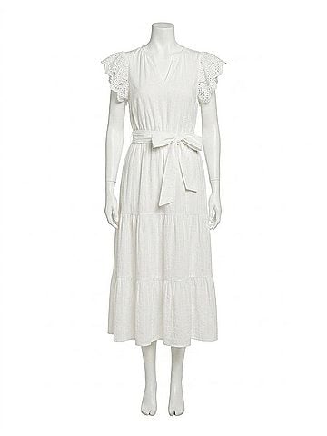 Nicole Miller Belted Eyelet Sleeve Tiered Dress in Brilliant White (view 1)