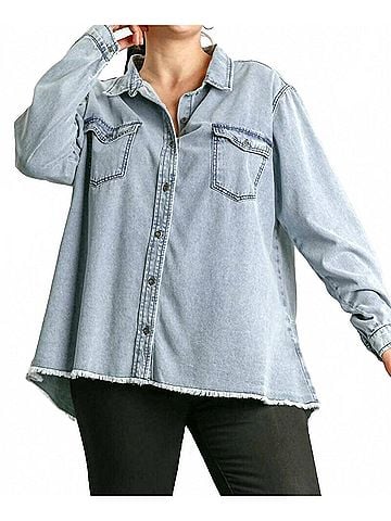 Umgee Button Down Shacket - Plus in Light Denim (view 2)