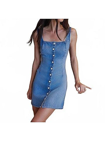 Bella Dahl Square Neck Button Mini Dress in Blue (view 2)