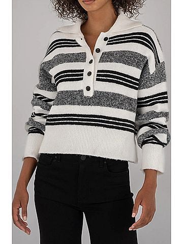 Kut from the Kloth Lilia Boxy Half Button Sweater in Ivory/Black (view 2)