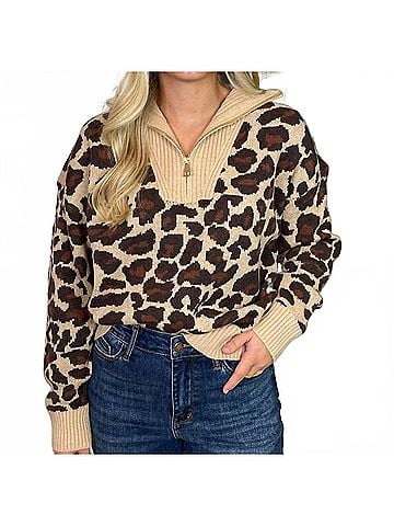 Umgee Quarter Zip Sweater in Leopard (view 2)