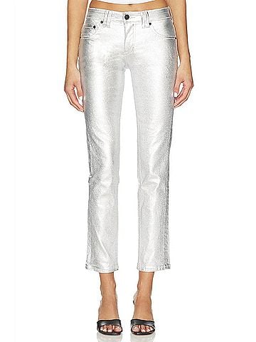 Free People Oracle Metallic Low-Rise Slim Straight Jeans in Divine (view 2)