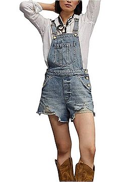 Pilcro by Anthropologie Light Blue Distressed Denim Short Overalls Denim Shorts (view 1)