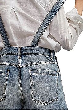 Pilcro by Anthropologie Light Blue Distressed Denim Short Overalls Denim Shorts (view 2)