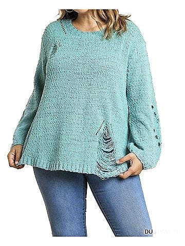 Umgee Distressed Plus Sweater in Dusty Mint (view 2)