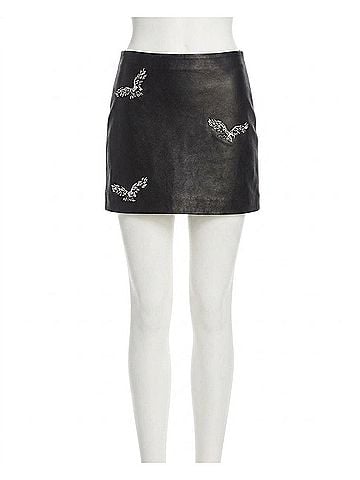 Nicole Miller Leather Mini Skirt in Black Embellished Eagle (view 1)