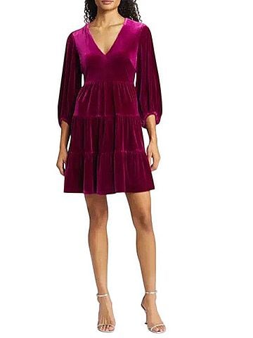 Eliza J Balloon Sleeve Tiered Velvet Trapeze Dress Casual Dress (view 1)
