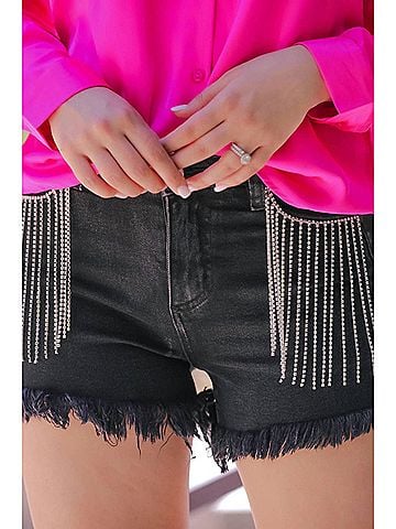 Jess Lea Jovie Fringe Rhinestone Shorts in Black (view 2)