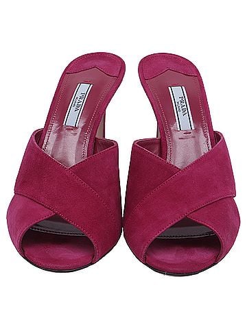 Prada  Prada Criss Cross High-Heeled Mules in Pink Suede (view 2)
