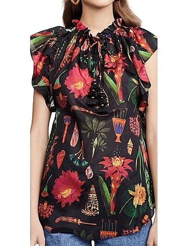 Figue Marguerita Tropical-print Silk Botanical Black Short Sleeve Blouse (view 2)