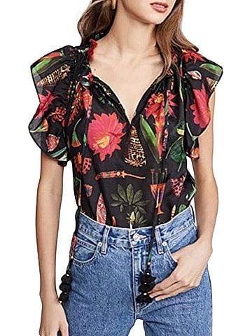 Figue Marguerita Tropical-print Silk Botanical Black Short Sleeve Blouse (view 1)