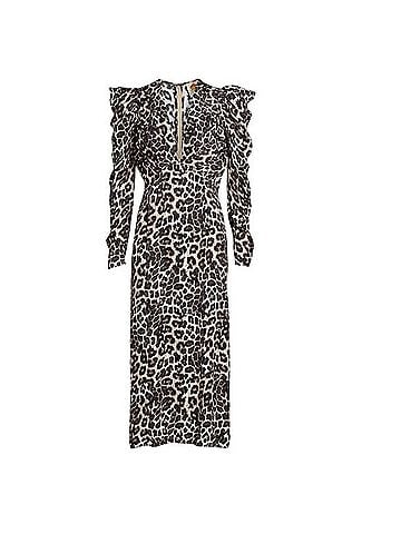 FARM Rio Ruched Leopard V-Neck Satin Midi-Dress Casual Dress (view 1)
